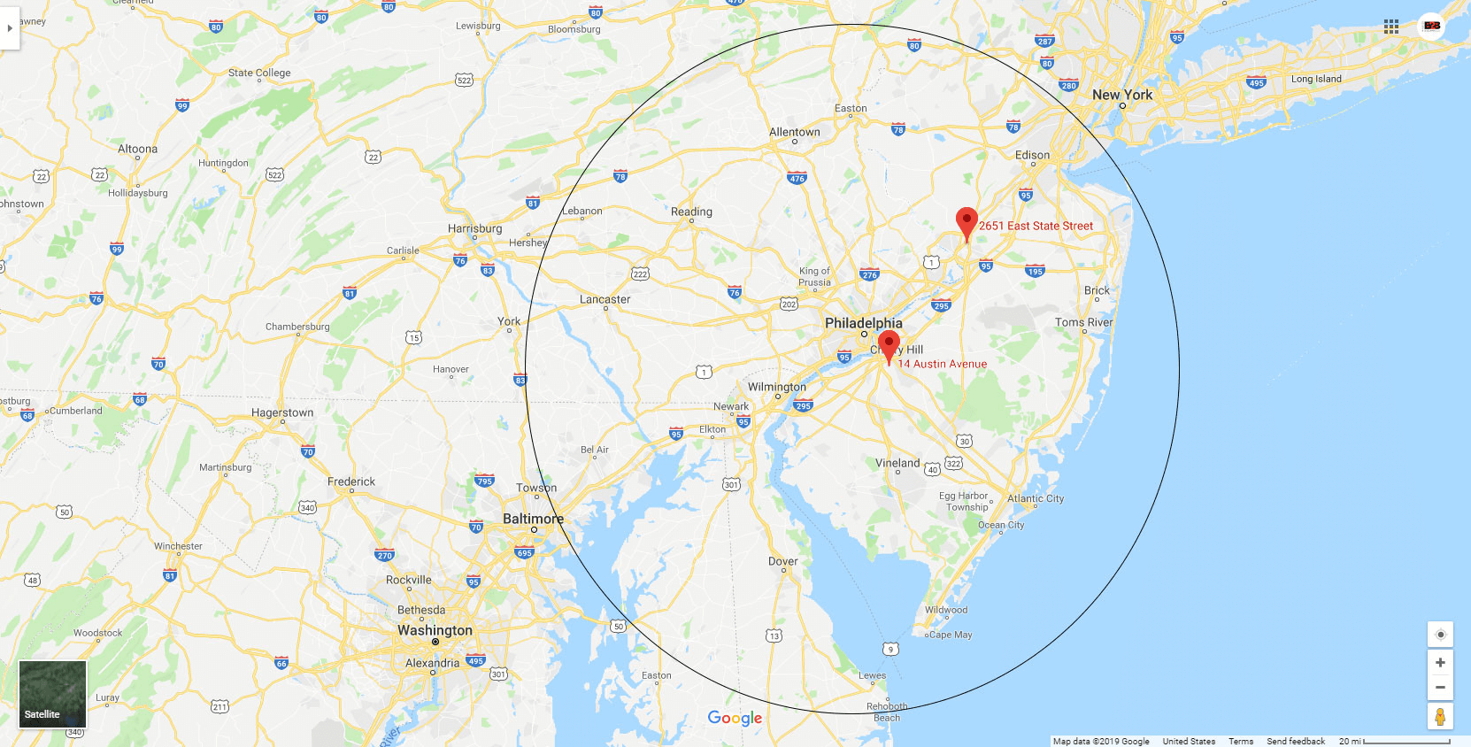 Service radius map - Delaware valley